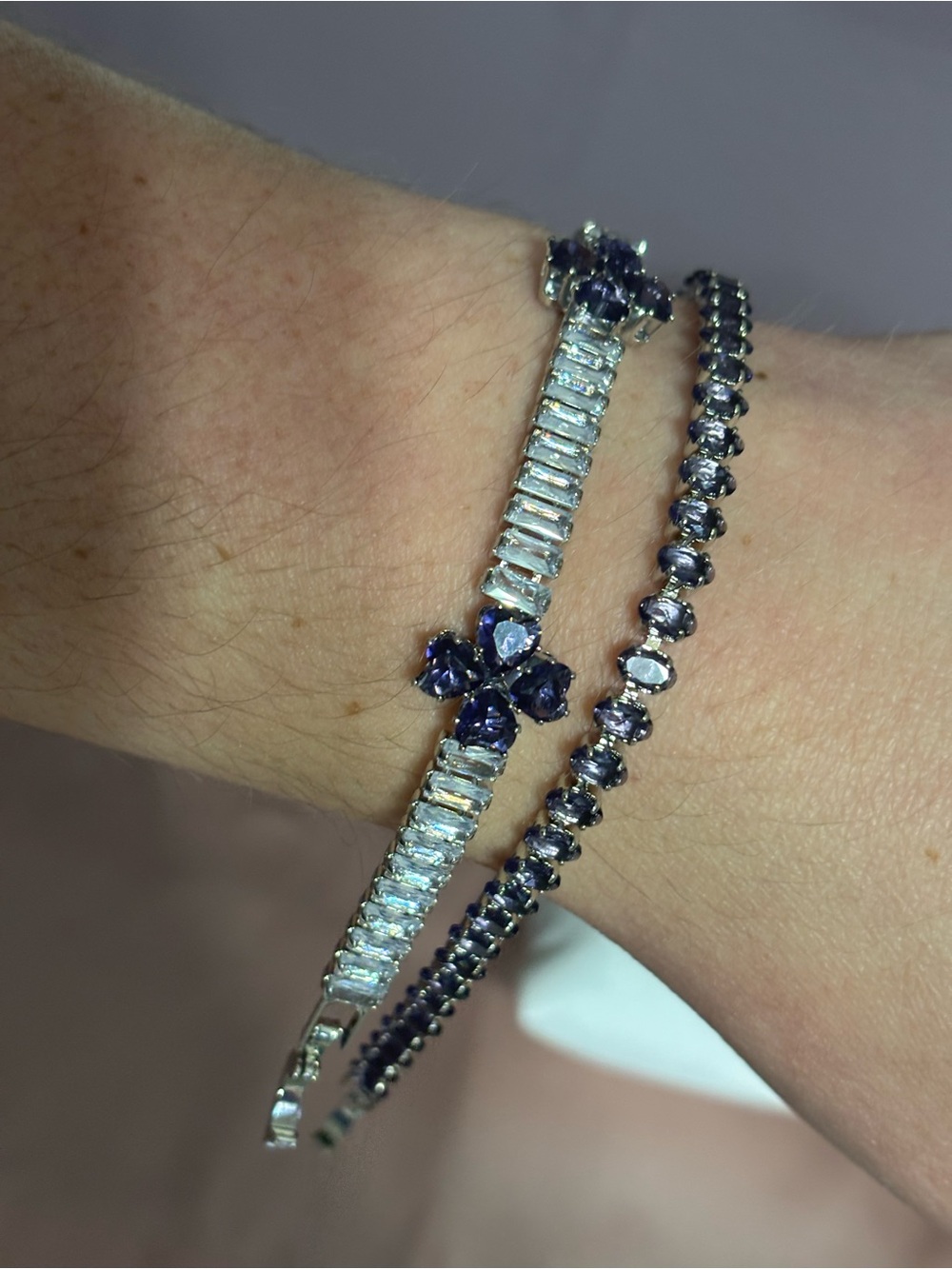 Elegant Silver Bracelet Duo with Purple Stones